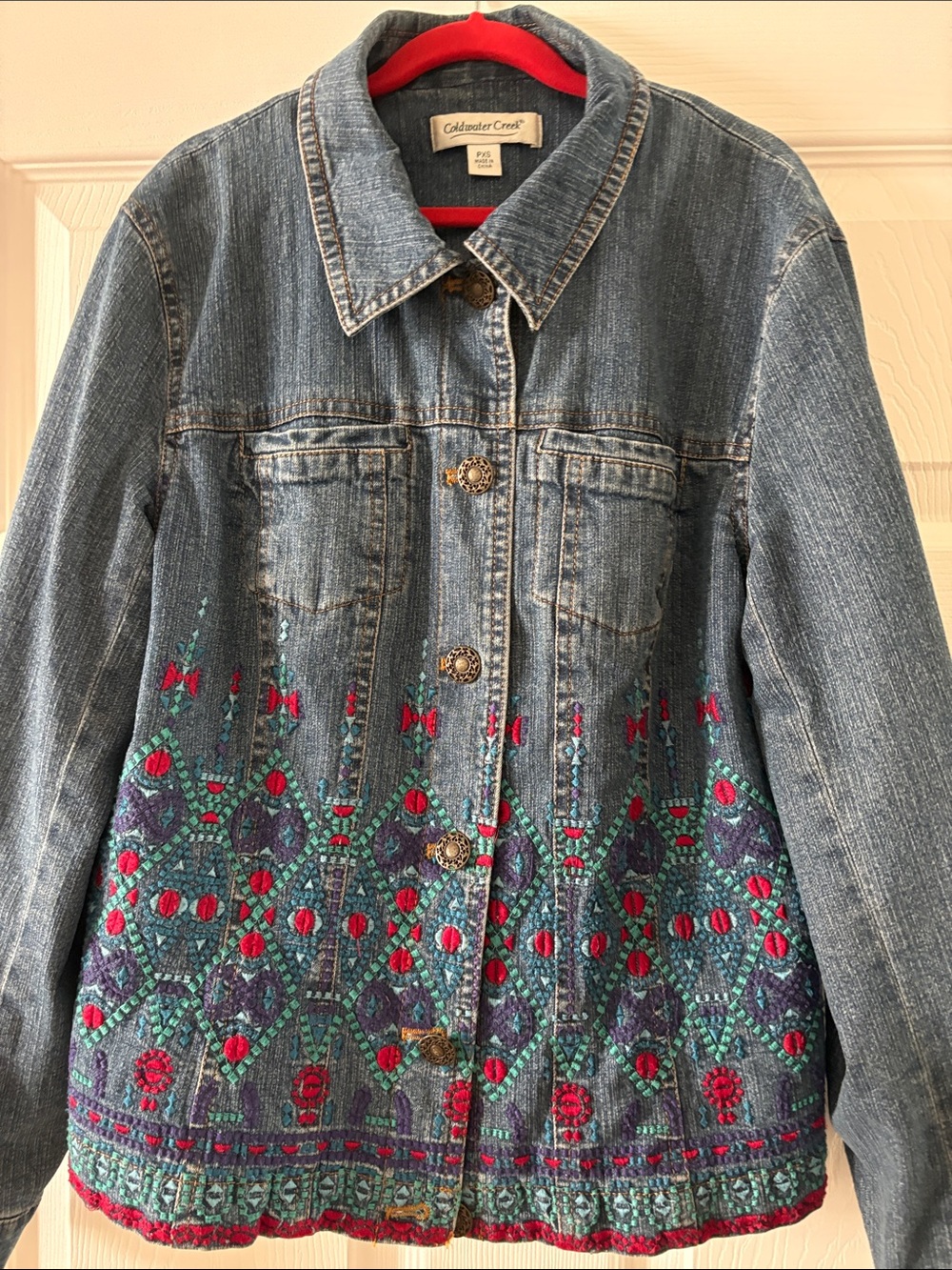 Coldwater Creek Denim Jacket with Teal, Purple & Red Embroidery